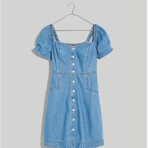Denim Puff-Sleeve Mini Dress in Dawnshire Wash  - Size 10